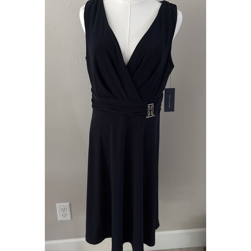 Tommy Hilfiger Navy Blue Cocktail Midi Dress 8 Sleeveless Wrap V Neck Gold Logo